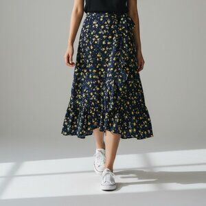 Gap Navy Floral Wrap Midi Skirt Ruffle Hem Tie Front Cottagecore